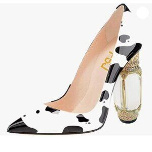 FSJ Cow Pointed Toe Chunky Block High Heel Crystal Pumps Slip on Wedding Shoes
